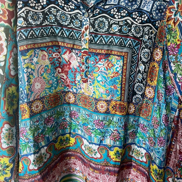Johnny Was Frame Tunic 100% Silk Size Medium Long Tabbed Sleeves Multi Color - Picture 4 of 4